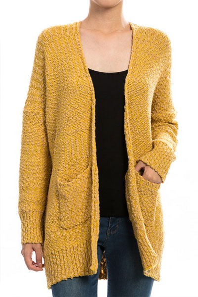 Long Sleeve Knit Open Front Cardigan Sweater with Pockets-Mustard Yellow