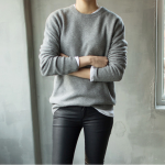 leather pants and grey cashmere sweater | Gray cashmere sweater .