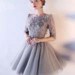 Chic A-line Square Silver Tulle Applique Short Prom Dress .