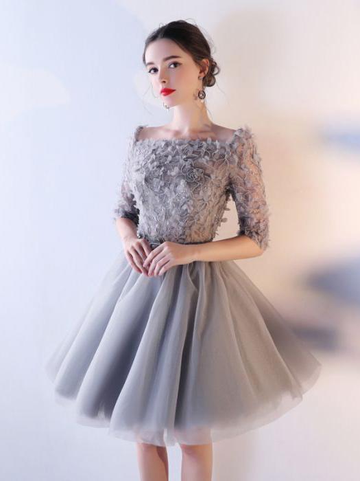 Chic A-line Square Silver Tulle Applique Short Prom Dress .