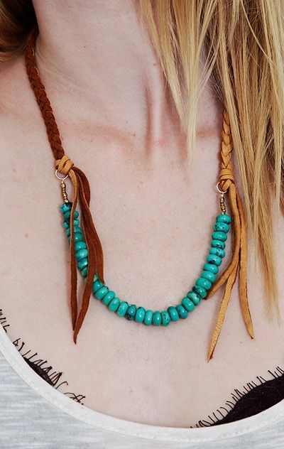 Boho chic necklace. Braided leather + turquoise beads. #boho .