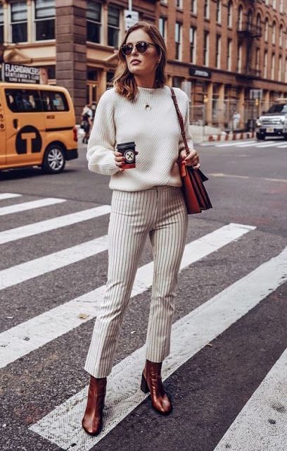 Autumn outfit - white cozy sweater + striped pants and leather .
