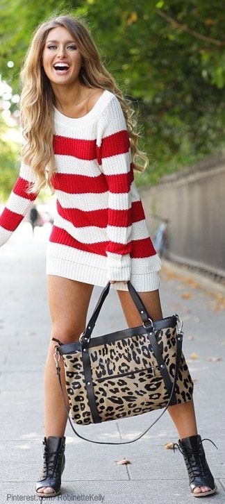 Red & white striped sweater -- so cute and bold with a funky purse .