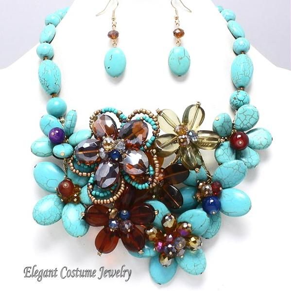 Dazzling Turquoise Chunky Flower Necklace | Elegant costume .