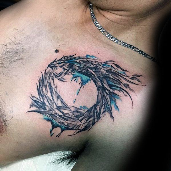 Guys Circular Watercolor Small Upper Chest Dragon Tattoo | Small .