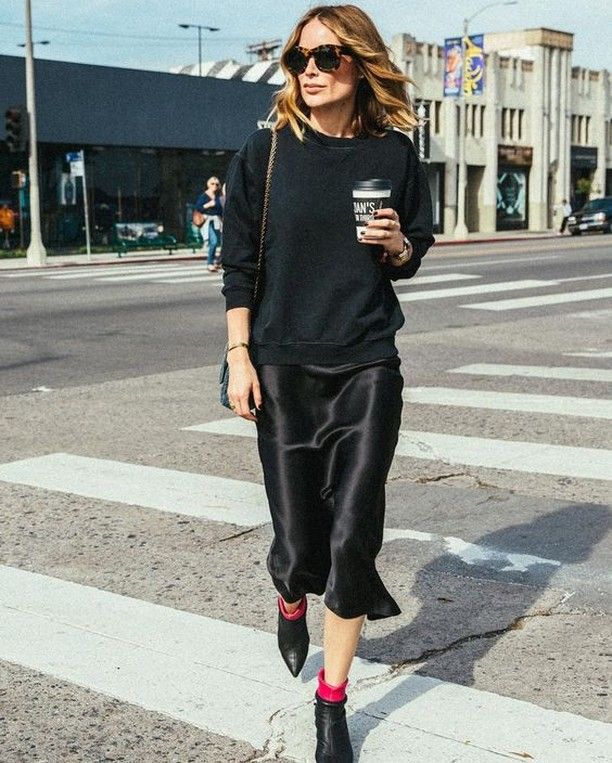 Black sweater + slip dress + ankle boots | Slip dress street style .