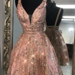 Unique V Neck Pink Beads Backless Homecoming Dresses Short Prom .