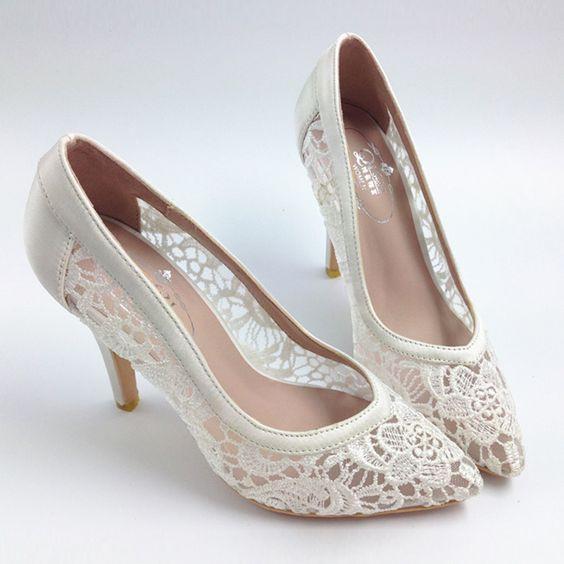 Sexy See Through High Heels Pointed Toe Lace Wedding Bridal Shoes .