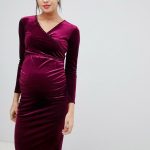 Bluebelle Maternity plunge long sleeve velvet dress in burgundy .