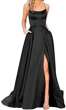 Long Satin Prom Dresses 2020 Slit Spaghetti Straps with Pockets .