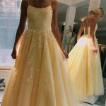 Daffodil Straps A-Line Tulle Long Prom Dresses With Appliques .