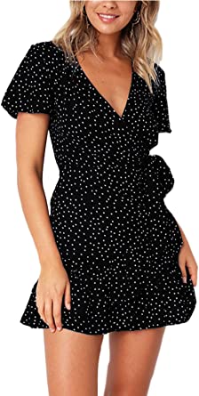 Relipop Summer Women Short Sleeve Print Dress V Neck Casual Short .