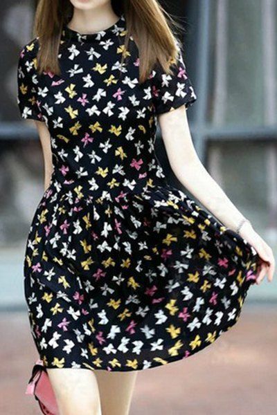 Hand Print Round Neck Short Sleeve Dress BLACK: Print Dresses .