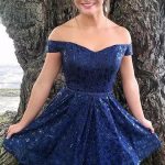 Dark Blue Off the Shoulder Lace Homecoming Dresses, Sexy Lace .