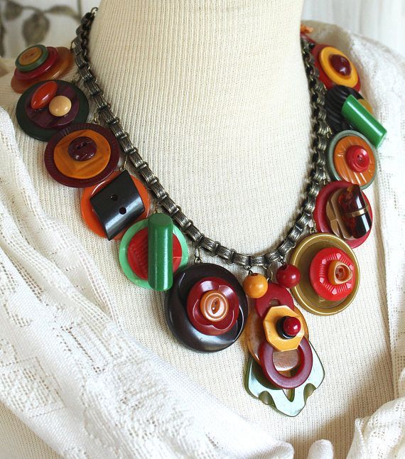 Antique Bakelite button Necklace, statement, assemblage, fall .