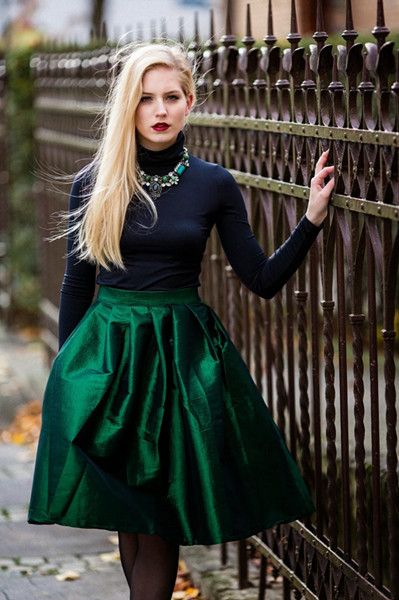 Green A-line Midi Skirt - Retro, Indie and Unique Fashion .