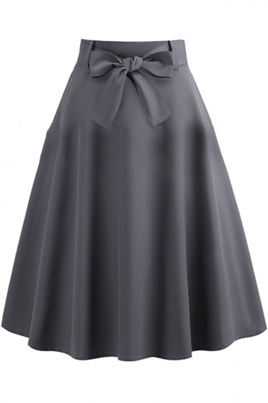 New Trendy Simple Plain Vintage Bow-Tied Waist Midi Gray Swing .