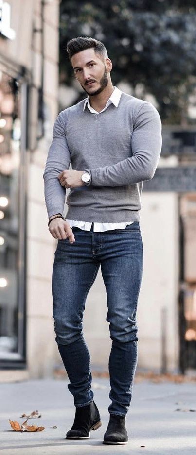 youclement - Fall fashion inspiration with a gray v-neck sweater .