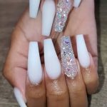frosted white coffin nails with glitter - #coffin #frosted .
