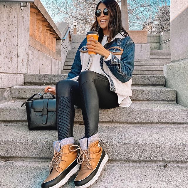 staying warm + cozy with sherpa denim jacket, hot ☕, and .