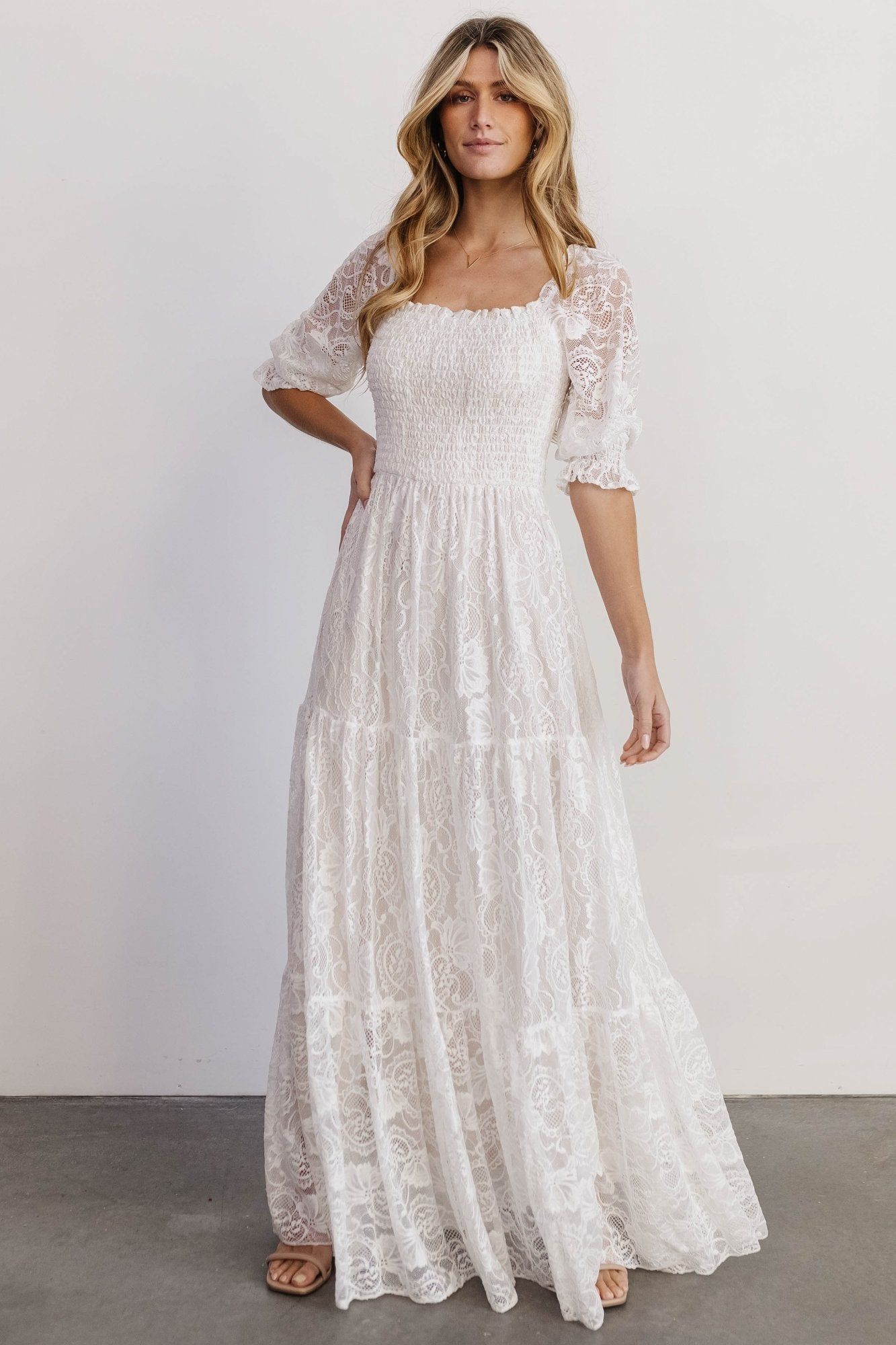 Angelic look with white lace maxi dress