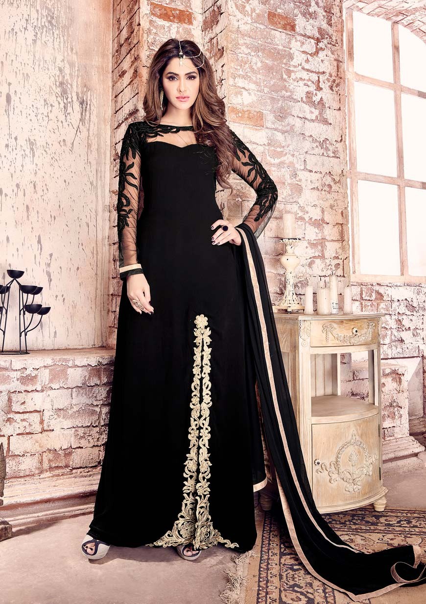 black party wear straight punjabi churidar kamij in georgette d17017 rnofaen