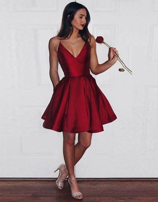 burgundy v neck short prom dress, cute burgundy homecoming dress hexsosv