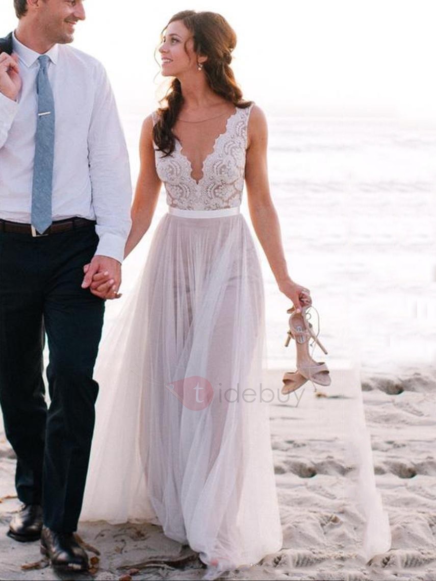 casual wedding dresses sheer neck lace pearls beach wedding dress aidxbny