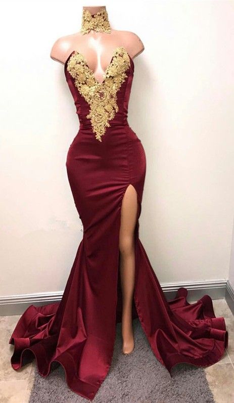 gorgeous burgundy mermaid prom dresses gold lace appliques side slit  evening gowns odkotew