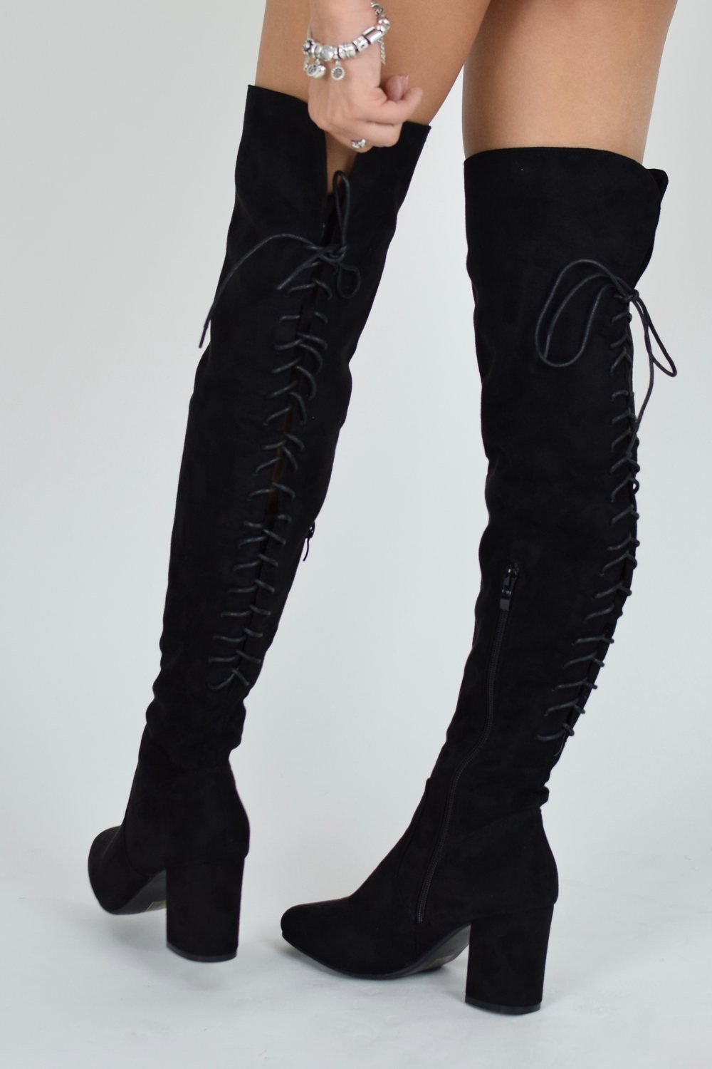 high hopes lace up block heel over knee boots - black suede - bfgmpxl
