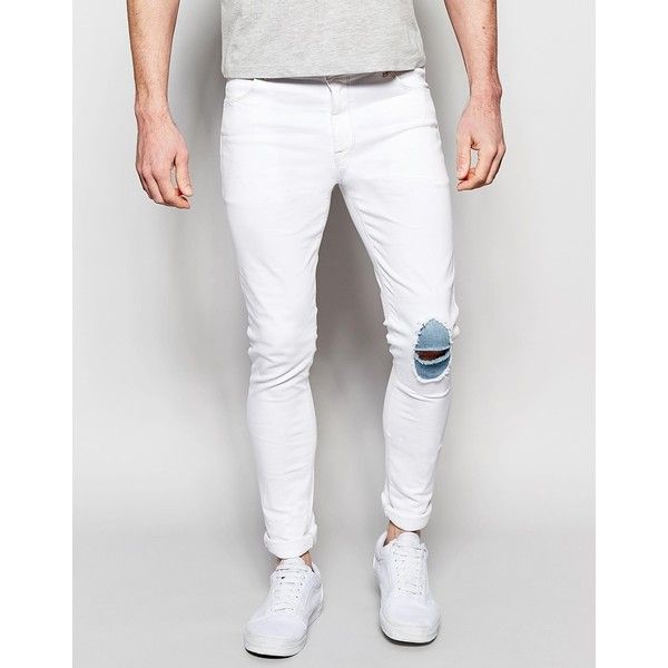 mens white jeans asos super skinny jeans with knee rips and patch detail ($35) ❤ liked uvogyhx