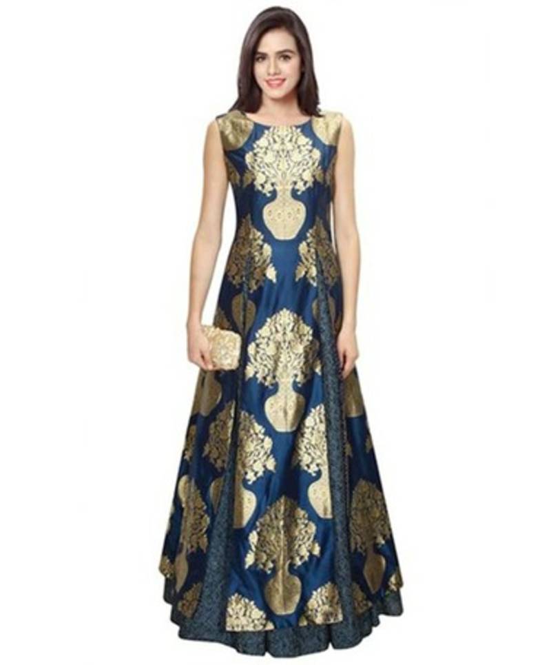 navy blue printed semi stitched party wear gown vfcedyq