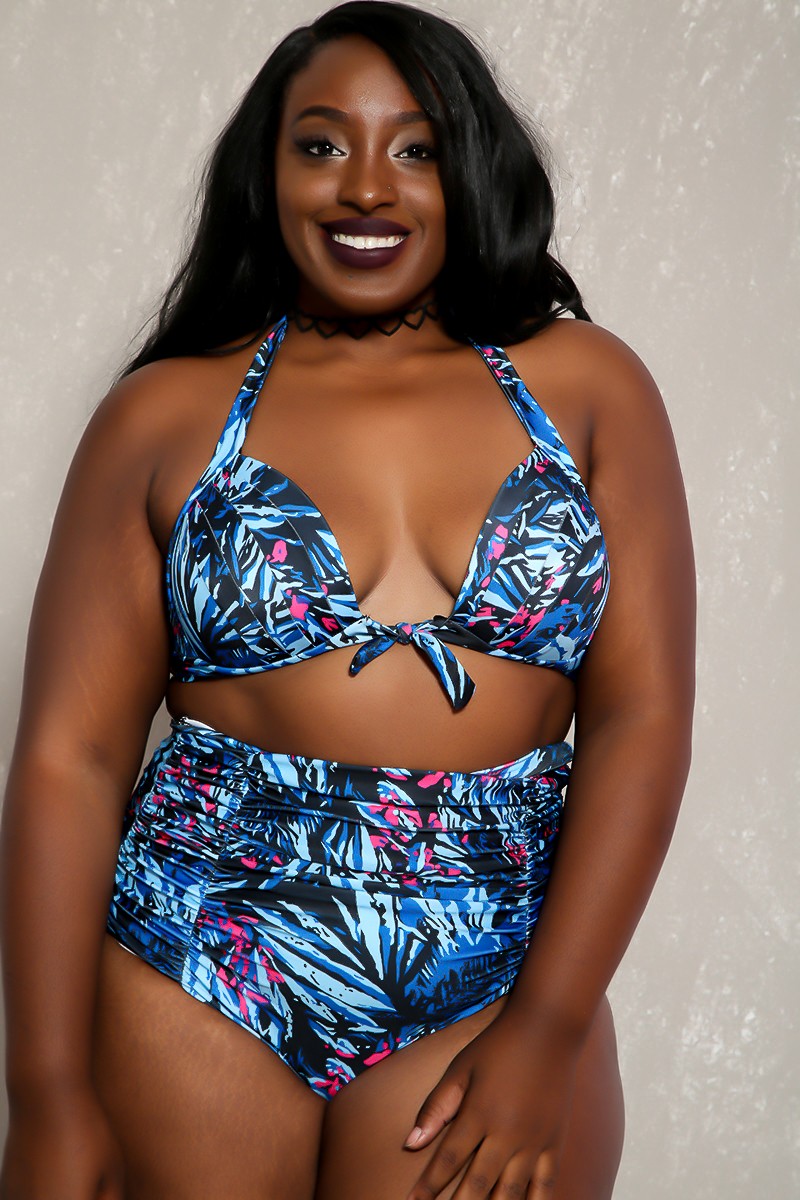 plus size bathing suits sexy blue black printed detail high waist plus size two piece swimsuit sbfomer
