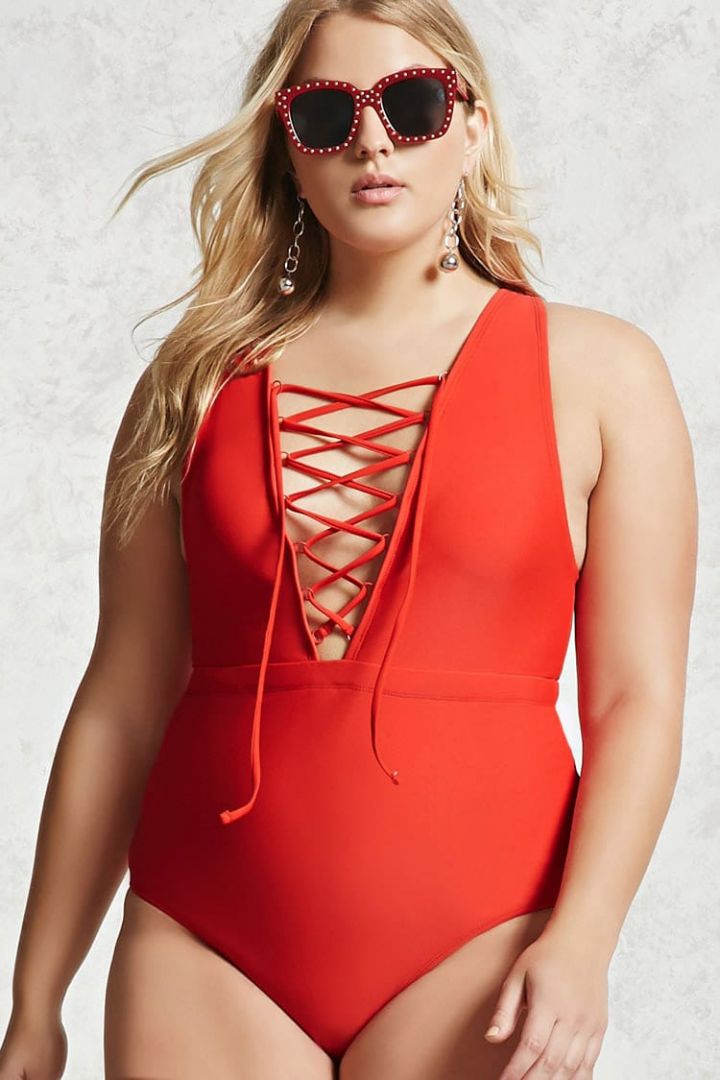 plus size swimwear forever 21 plus size lace-up swimsuit, $29.90, available at forever 21. lxrdibi