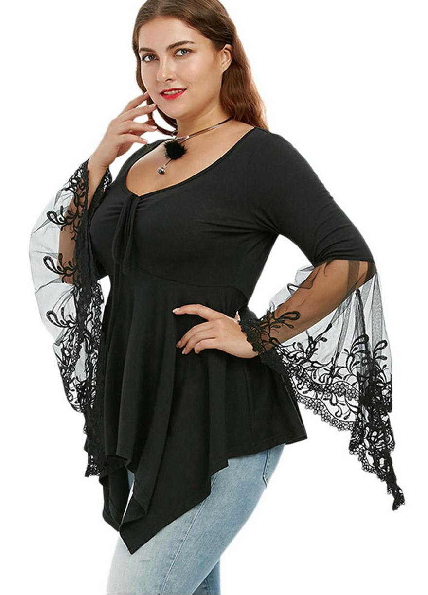 plus size tops sheer mesh lace spliced sleeve plus size t shirts wwzsbct