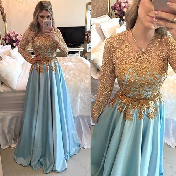 prom dresses with sleeves a-line jewel long sleeves blue satin prom dress with sash beading appliques dqofrky