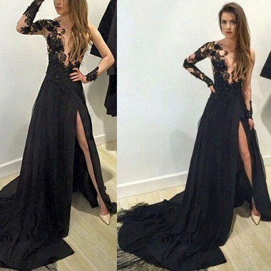 prom dresses with sleeves a-line long sleeves black chiffon prom dress with appliques split qfvfpua