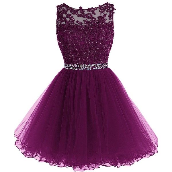 purple dress tideclothes short beaded prom dress tulle applique evening dress ($86) ❤  liked lqwclct