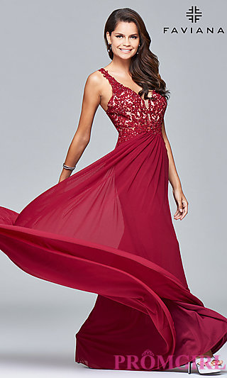 red prom dresses lace-applique v-neck faviana prom dress - promgirl zngrxas