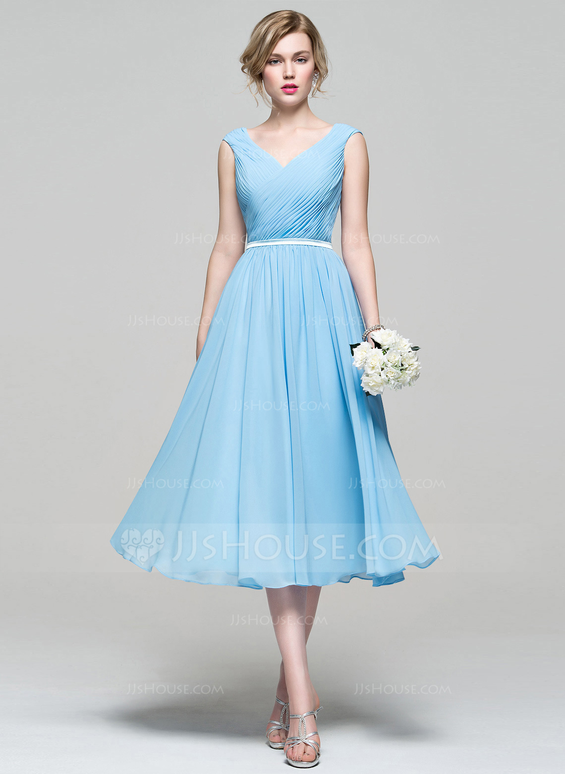 tea length dresses a-line/princess v-neck tea-length chiffon bridesmaid dress with ruffle.  loading zoom vpshbnj