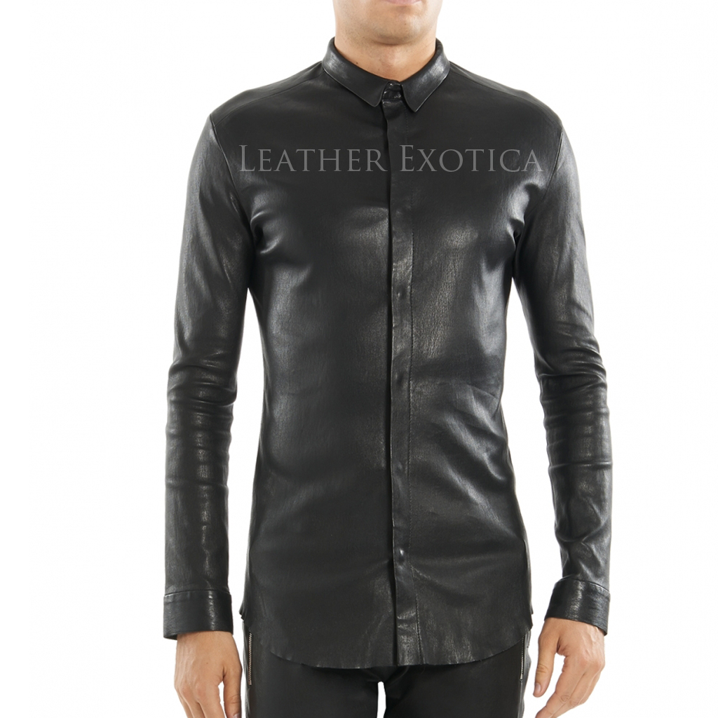 tight fitted men leather shirt asztfqn