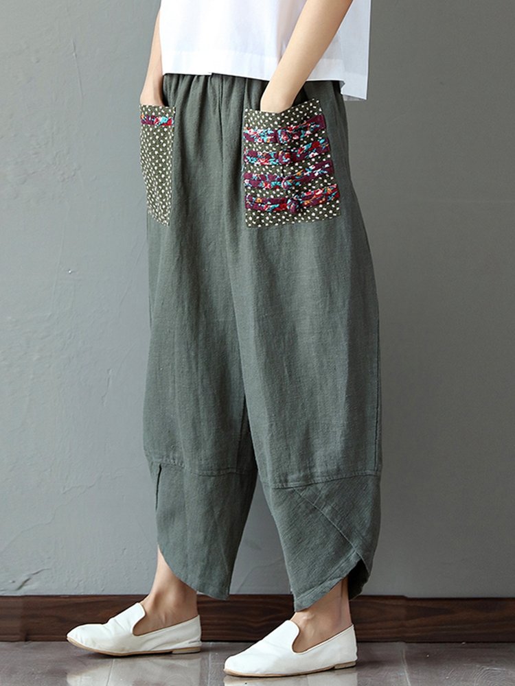 trousers for women gracila casual print patchwork elastic loose irregular pants for women qqteygo
