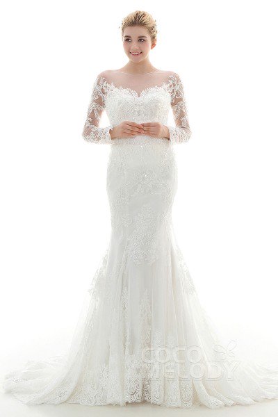 wedding dresses with sleeves fantastic trumpet-mermaid illusion dropped court train lace and tulle ivory  long sleeve cvyohgu