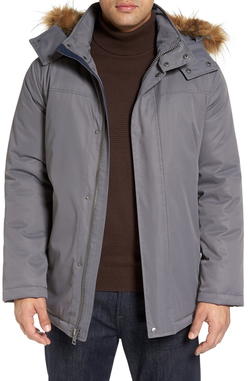 winter coats for men cole haan faux-fur trim water resistant winter coat in gray - buy it mrlkgpv