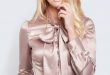womenu0027s taupe fitted luxury satin blouse - pussy bow himlrvx