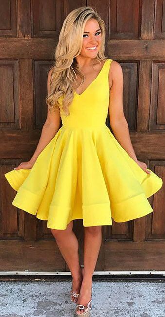 yellow dress cute homecoming dresses,v neck homecoming dresses,yellow homecoming dress,sleeveless  homecoming dresses nxjbedc