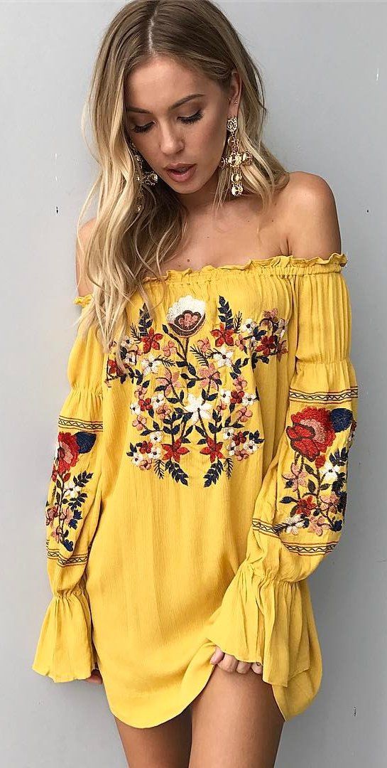 yellow dress #spring #outfits yellow floral off the shoulder dress tnejdlg