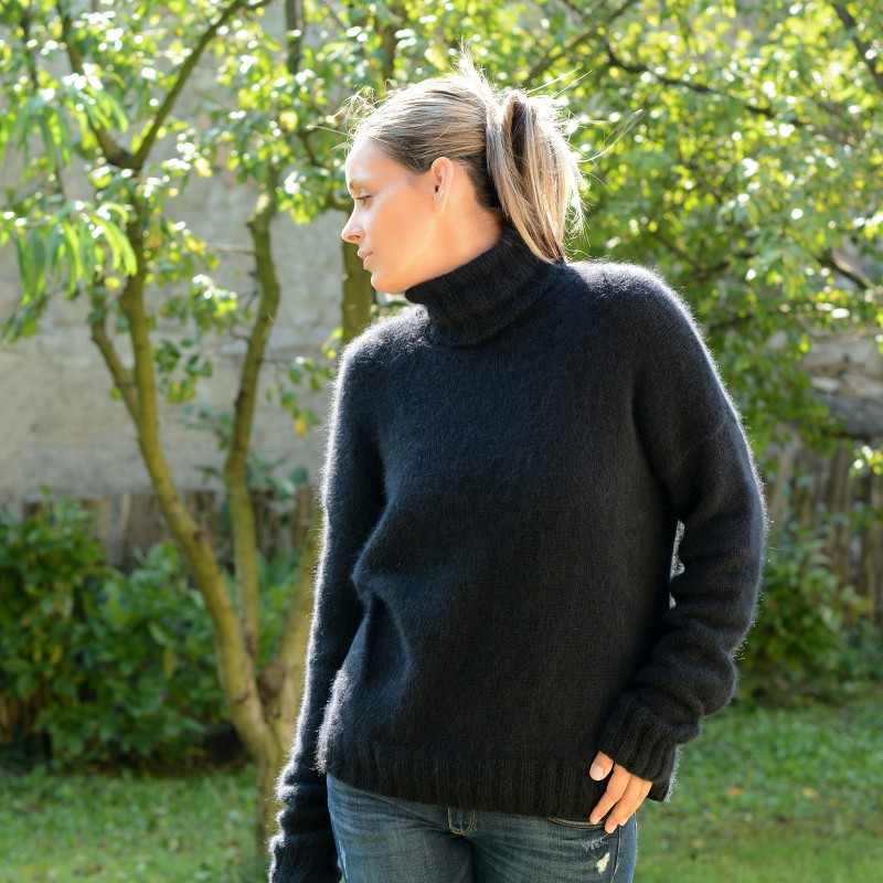 ... 2 strands hand knit 100% pure angora sweater black fuzzy turtleneck exdajdu