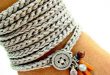 crochet bracelet with charms, wrap bracelet, silver grey, cuff bracelet,  bohemian jewelry, rwgwlnl