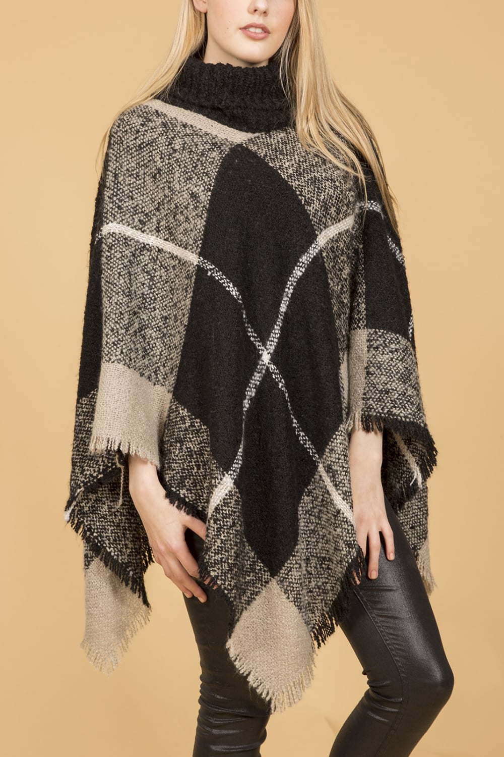 knitted poncho with roll neck collar hfqdoko